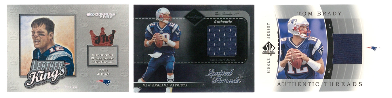 2002-03 Donruss & Assorted Brands Tom Brady Jersey Relic Card Trio (3 Different) Featuring Serial-Numbered Examples!